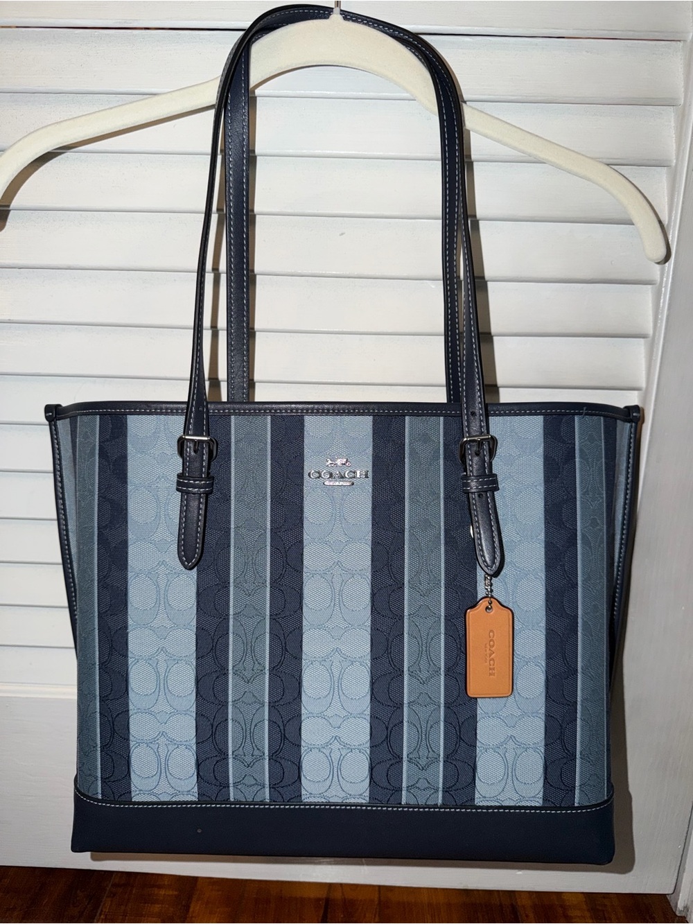 Coach Two-Tone Blue Signature Stripe Tote with Tan Tag